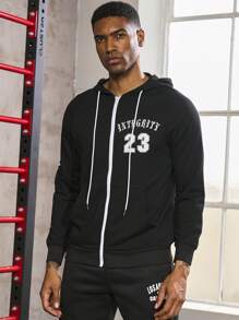 Manfinity Sport Corelite Men Letter Graphic Zip Up Drawstring Hooded Sports Jacket Workout Tops Sports Jacket - Black - View 7