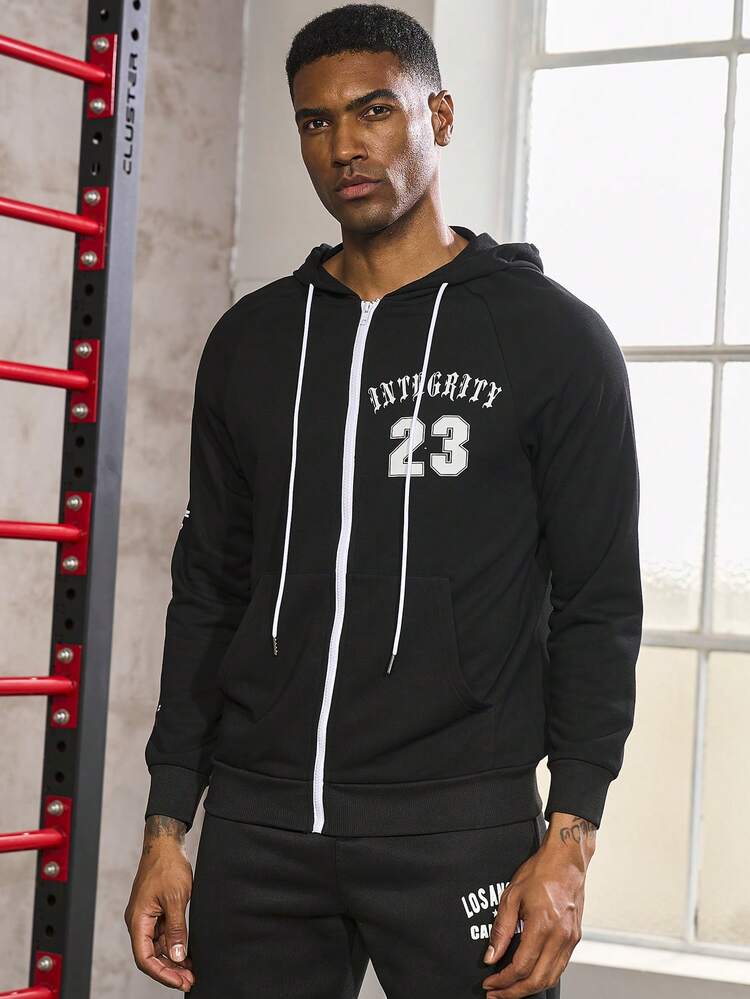 Men Letter Graphic Zip Up Drawstring Hooded Sports Jacket Workout Tops Sports Jacket