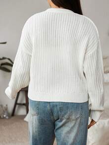 Flirla Hơn Thả vai Đồ đan Ribbed Áo len Mở - trắng - Xem 2