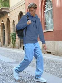 RueChic Men Letter Embroidery Drawstring Hoodie - Baby Blue - View 7