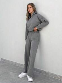 RueChic Drop Shoulder Crop Hoodie & Split Hem Pants - Grey - View 4