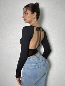 SHEIN SXY Vá lại Không lưng Lưới trong suốt Tay áo dài Áo Với Móc và mắt Khép kín - màu đen - Xem 2