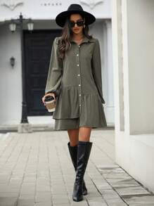 SHEIN LUNE Lantern Sleeve Ruffle Hem Shirt Dress Without Belt