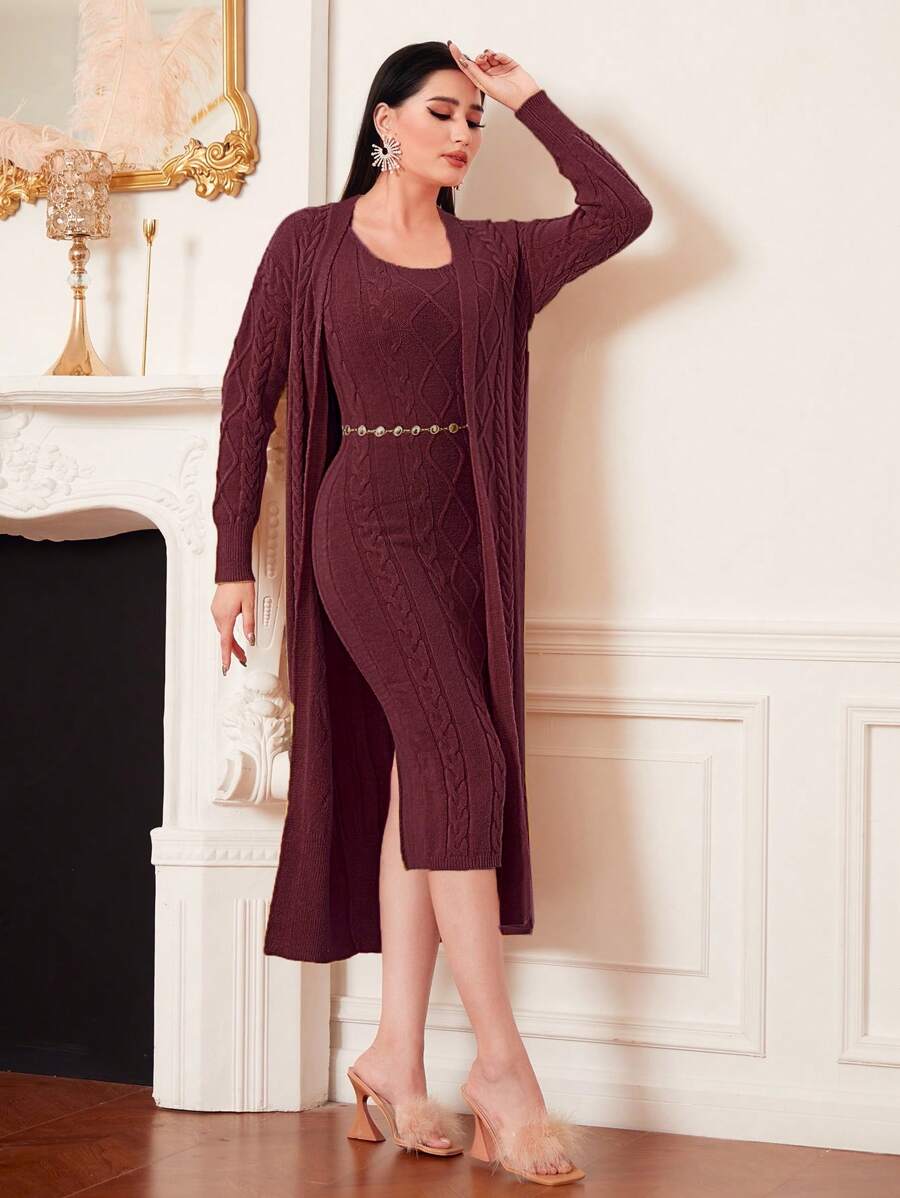 Modelyn Burgundy Red Ladies' Cardigan And Sweater Dress Two Pieces Set - Burgundy - View 1
