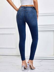 SHEIN Frenchy 拉鏈門襟,合身牛仔長款長褲 - 深色水洗藍 - 查看 2