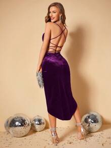 SHEIN BAE Ren hở lưng Bao bên Nhung Váy Dây - Màu tím - Xem 4