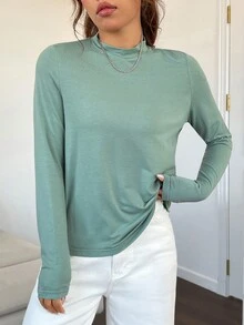 SHEIN EZwear 素色小高領T恤 - 綠色 - 查看 2