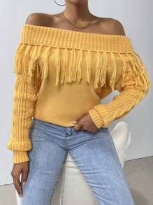 SHEIN Clasi Suéter de punto con hombros descubiertos y flecos para otoño e invierno - Amarillo - Ver 1