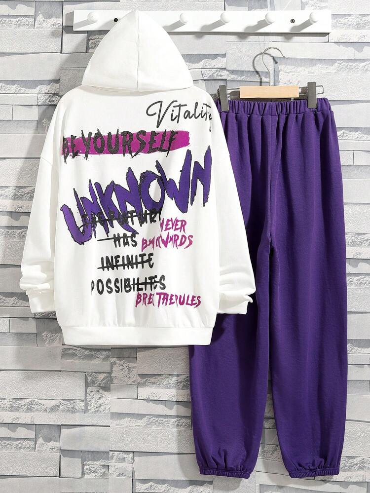 Boys' Casual Hooded Sweatshirt With Letter Print And Solid Color Knit Pants Set