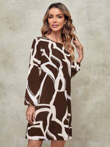RueChic Elegant DressesCrew Neck Long Sleeve Leopard Print Drawstring Waist Short Casual Dress, Vacation - Brown - View 3