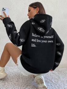 SHEIN Unity Áo Hoodie tay dài vai rớt in hình khẩu hiệu và mặt trăng: Hãy tin vào chính mình và sống cuộc đời của riêng bạn, áo nỉ mùa thu. - màu đen - Xem 2
