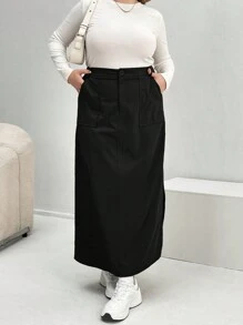 SHEIN Essnce 大碼斜口袋開衩短裙 - 黑色 - 查看 5