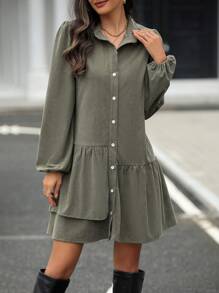 SHEIN LUNE Lantern Sleeve Ruffle Hem Shirt Dress Without Belt