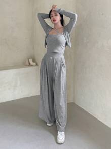 DAZY Solid Color Minimalist Top & Pants Women's Set,Women Two Piece Sets