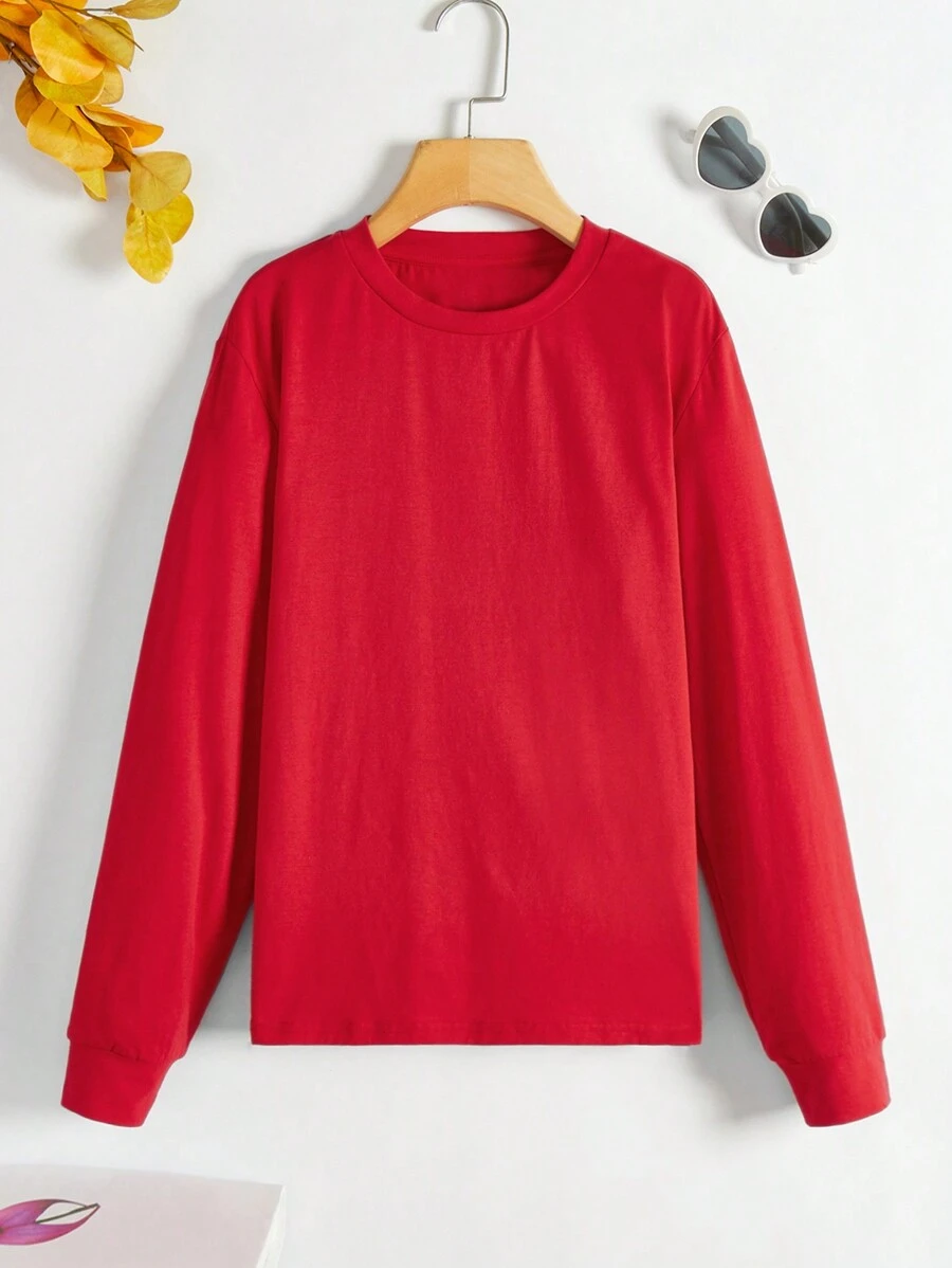青少年男孩休閑圓領長袖T恤，適用於夏季 - 紅色 - 查看 1