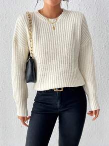 SHEIN Essnce Solid Drop Shoulder Sweater - Beige - View 6