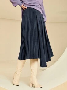 Seusyu 休閒 優雅不對稱 百褶純色女士半身裙 - 藏蓝色 - 查看 6