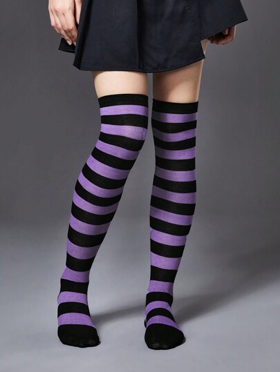 Goth Purple & Black Wide Striped Knee High Socks For Women