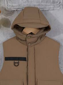 年轻男孩字母图案翻盖口袋连帽背心夹棉外套 - 棕色 - 查看 4