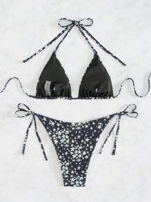 SHEIN Swim Bộ bikini thắt nút in hình ngôi sao ngẫu nhiên có dây buộc hai bên, cho kỳ nghỉ hè ở bãi biển - Nhiều màu - Xem 2