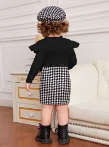 SHEIN 女嬰千鳥格印花荷葉邊紐扣細節洋裝 - 黑色 - 查看 2
