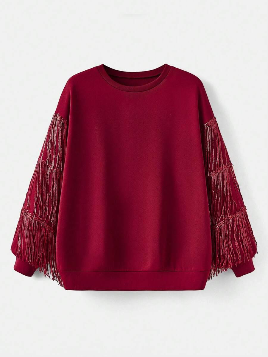 Flirla Plus Fringe Trim Drop Shoulder Sweatshirt Pullover Fall Sweatshirt - Red - View 1