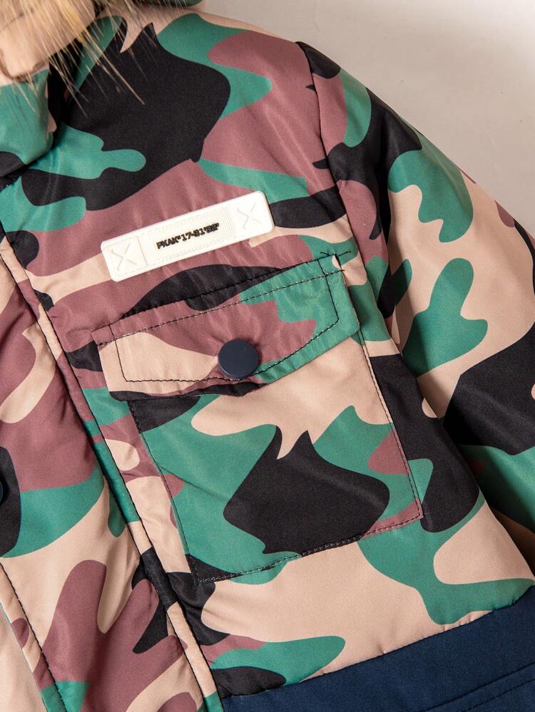 Young Boy Camo Print Fuzzy Trim Hooded Thermal Lined Coat Without Tee
