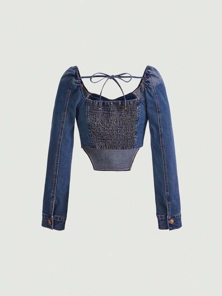 Tie Backless Asymmetrical Hem Crop Denim Top