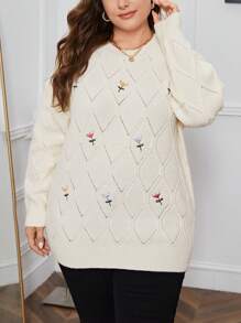 SHEIN Privé Kích thước lớn Thanh lịch Áo len Với Thêu hoa - Màu be - Xem 5