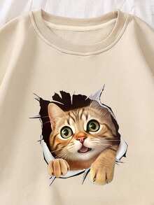 SHEIN EZwear 卡通貓貓圖案加絨內裏運動衫 - 摩卡棕 - 查看 3