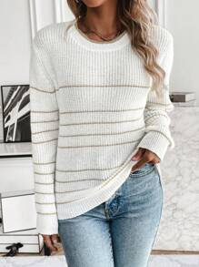 SHEIN Essnce 女性條紋圖案套頭毛衣 - 白色 - 查看 5