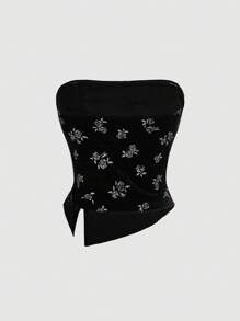 SHEIN MOD Floral Print Split Hem Tube Top - Black - View 2