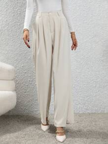 SHEIN Privé High Waist Plicated Detail Wide Leg Suit Pants - Apricot - View 4