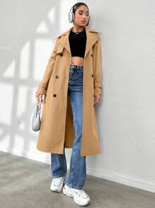 SHEIN Essnce 女性雙排扣腰帶風衣外套 - 卡其色 - 查看 6