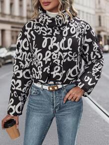 SHEIN LUNE 字母图案拉链短款加厚棉服外套冬季服装 - 黑與白 - 查看 4