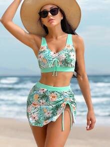 Swim Lushoire Conjunto de bikini con estampado tropical y cordón ajustable para la playa, con falda de playa