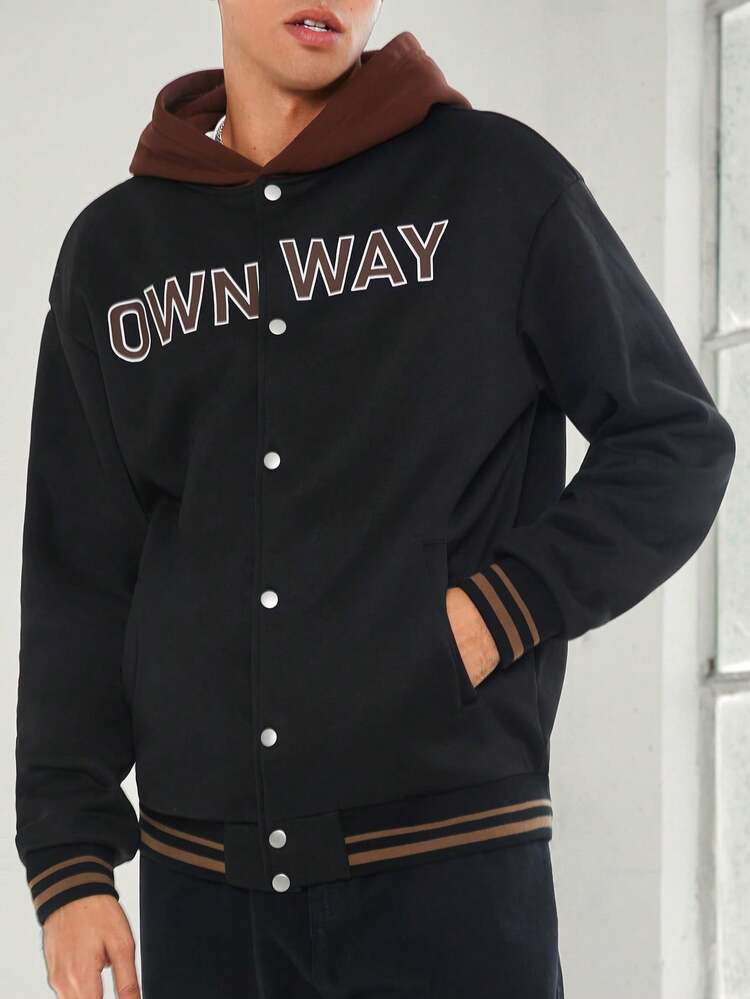 1pc Loose Fit Letter Graphic Striped Trim Drop Shoulder Jacket, For Fall Winter
