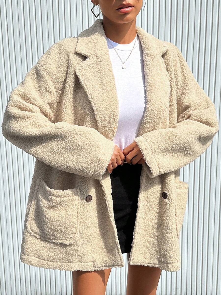 Aveloria Double Breasted Dual Pocket Teddy Coat - Beige - View 1