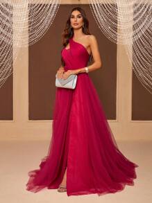 SHEIN Belle Un singur umăr Decupat Mesh Overlay Rochie Rochii de bal pentru femei - Roz - Vizualizare 5