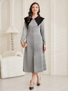 Modelyn 女性拼色翻領洋裝 - 灰色 - 查看 5