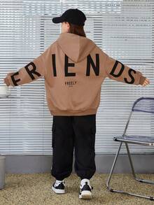 SHEIN Cô gái Tween Lỏng lẻo phù hợp áo có mũ Thả vai Giải trí Áo nỉ Với In thư - Cà phê nâu - Xem 5