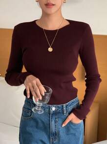 DAZY Solid Color Slim-Fit Casual Sweater, Autumn Winter,Long Sleeve Tops,Fall Women Clothes - Burgundy - View 3