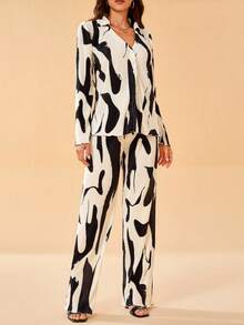 SHEIN Tall Pantalones con blusa con estampado de manga amplia - Blanco y Negro - Ver 5