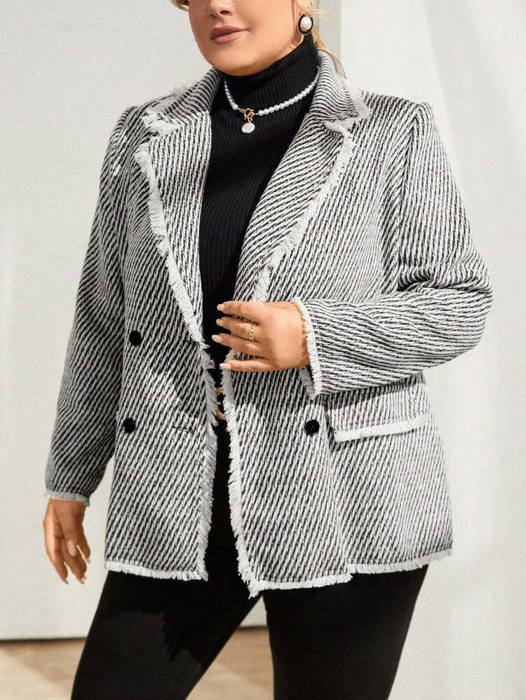Plus Striped Print Double Breasted Blazer