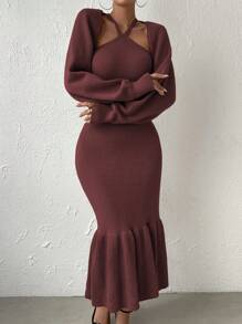 Chiquease Mermaid Style Hem Halter Neck Sweater Dress And Cardigan - Burgundy - View 4