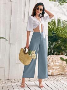 Modelyn Solid Wide Leg Pants - Blue - View 4