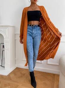 SHEIN LUNE Cárdigan de punto de malla de hombros caídos sin cinturón