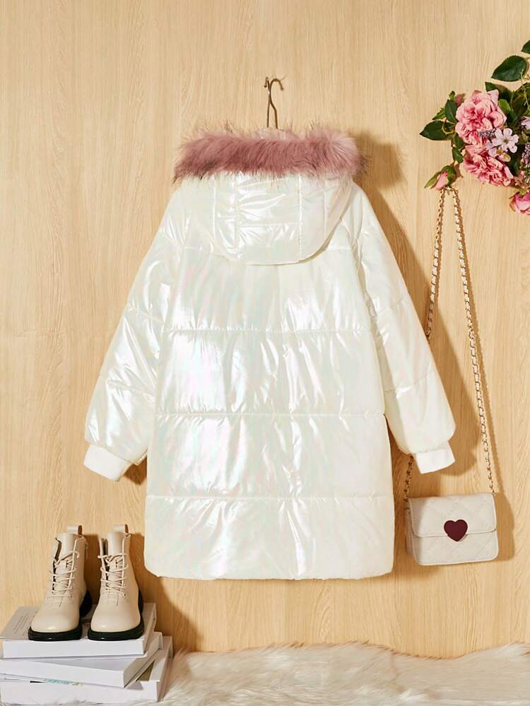Tween Girl Fuzzy Trim Hooded Drop Shoulder Zipper Padded Coat