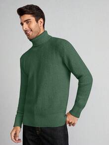 Manfinity Homme 男士基本款高領毛衣 - 軍綠色 - 查看 3