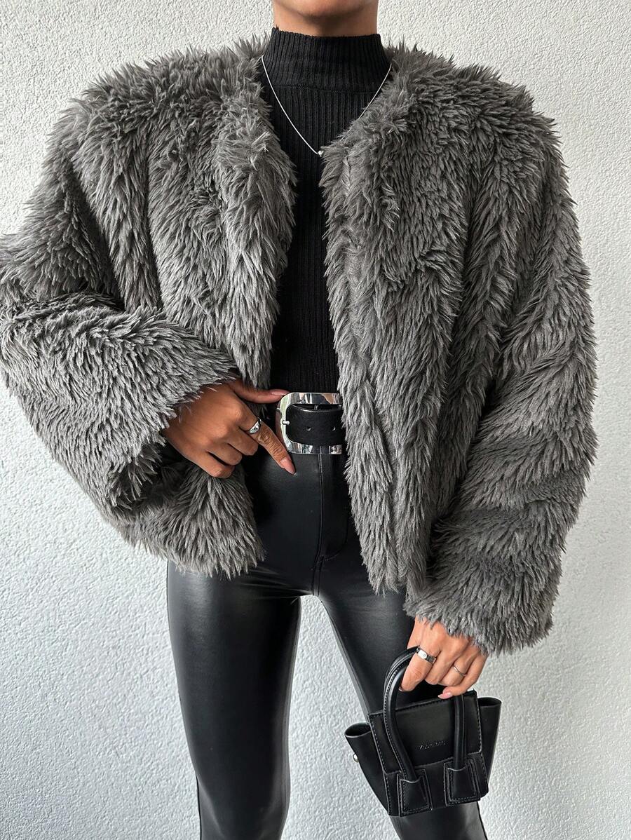 SHEIN Cottnline Open Front Fuzzy Coat - Dark Grey - View 1